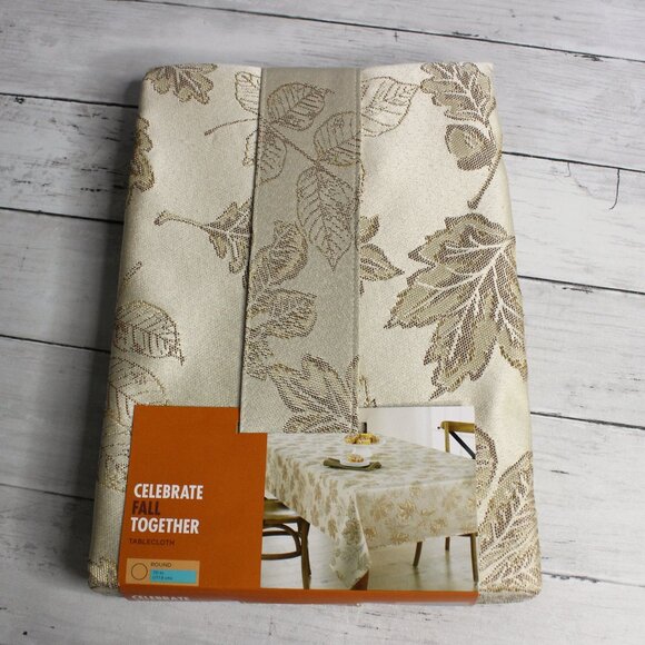 Kohl's Tablecloth 72 in Round Fall Leaves Taupe Brown Metallic - Picture 1 of 4